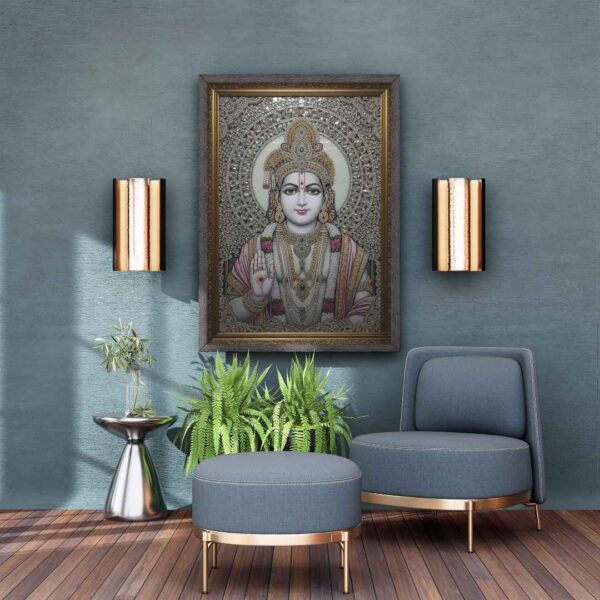 Invite the auspicious presence of Lord Rama into your home with this exquisite, jewel-embellished artwork. Portrayed with a calm and compassionate demeanor, Lord Rama's divine form is adorned with a resplendent crown, intricate necklaces, and garlands of flowers, all brought to life with shimmering crystals and detailed artistry. His right hand is raised in the Abhaya Mudra, offering reassurance and dispelling fears. The radiant halo behind him signifies his divine light and purity. This sacred piece is ideal for your puja room, meditation space, or living area, serving as a constant source of inspiration, peace, and protection for your family.